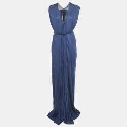 Pre Owned Roland Mouret Navy Blue Crepe Belted Maxi Dress XL