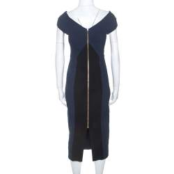Pre Owned Roland Mouret Navy Blue Floral Waffle Cotton Grendon Dress M