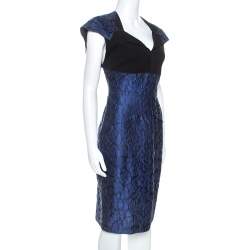 Pre Owned Roland Mouret Navy Blue Mirah Jacquard Cotton Silk Midi Dress S
