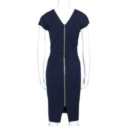 Pre Owned Roland Mouret Navy Blue Wool Crepe Sheath Dress L