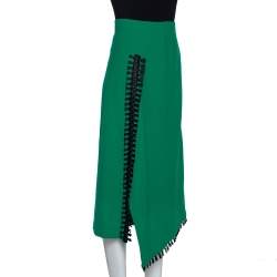 Pre Owned Roland Mouret Green Wool Crepe Fringed Asymmetric Skirt M