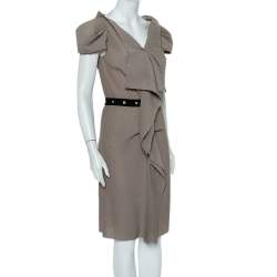 Pre Owned Roland Mouret Beige Crepe Draped Effect Belted Midi Dress M