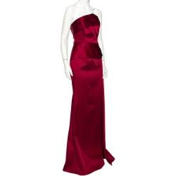 Pre Owned Roland Mouret Burgundy Sateen Draped Detail Addover Strapless Gown M