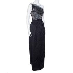 Pre Owned Roland Mouret Black Embellished Silk One-Shoulder Cocktail Gown M 