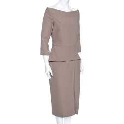 Pre Owned Roland Mouret Taupe Crepe Overlay Detailed Midi Dress L