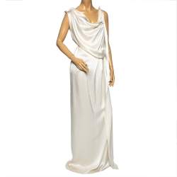 Pre Owned Roland Mouret Cream Textured Silk Draped Maxi Dress M