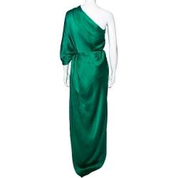 Pre Owned Roland Mouret Green Textured Silk Draped Side Slit Dresses S