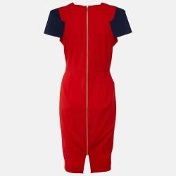 Pre Owned Roland Mouret Red/Blue Wool Colorblock Pattern Dress L