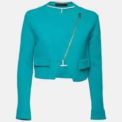 Roland Mouret Turquoise Blue Wool Zip Front Cropped Jacket M