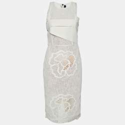 Pre Owned Roland Mouret White Cotton Cutwork Detail Sleeveless Midi Dress M