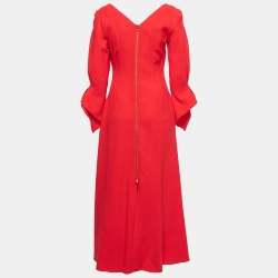 Pre Owned Roland Mouret Red Wool Frill Detail Long Dress M
