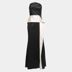 Roland Mouret Black/Cream Duchess Satin Peplum Draped Ruffle Detail Strapless Gown M