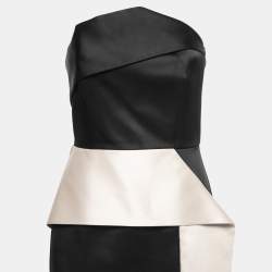 Roland Mouret Black/Cream Duchess Satin Peplum Draped Ruffle Detail Strapless Gown M