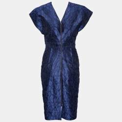 Pre Owned Roland Mouret Navy Blue Mirah Jacquard Cotton Silk Midi Dress S