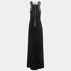 Roland Mouret Black Crepe Lace Inset Vasall Long Dress S