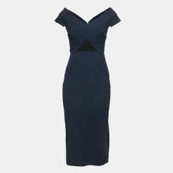 Pre Owned Roland Mouret Navy Blue Jacquard V-Neck Midi Dress S