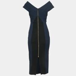 Pre Owned Roland Mouret Navy Blue Jacquard V-Neck Midi Dress S