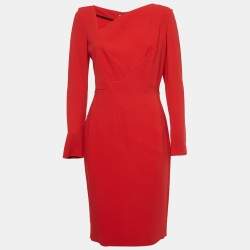 Roland Mouret Red Stretch Crepe Long Sleeve Bitzer Dress L