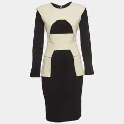 Pre Owned Roland Mouret Black/Beige Wool Trimmed Crepe Paneled Mini Dress M