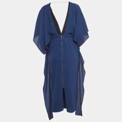 Pre Owned Roland Mouret Blue Wool Lace-Up Detail Midi Kaftan Dress M