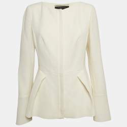  Roland Mouret Cream Wool Zip Front Peplum Top M
