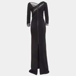 Pre Owned Roland Mouret Black Lace Trim Crepe Long Sleeve Maxi Dress M