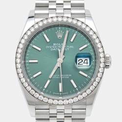 Pre Owned Rolex Green 18K White Gold Diamond Oystersteel Datejust 126284RBR Unisex Wristwatch 36 mm