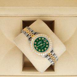 Pre Owned Rolex Custom Forest Green 1.96ct Diamonds 18K Yellow Gold Stainless Steel Datejust Automatic Women's Wristwatch 26mm
