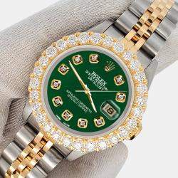 Pre Owned Rolex Custom Forest Green 1.96ct Diamonds 18K Yellow Gold Stainless Steel Datejust Automatic Women's Wristwatch 26mm