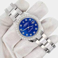 Rolex Custom Royal Blue 2.25ct Diamonds Stainless Steel Datejust 178240 Automatic Women's Wristwatch 31mm