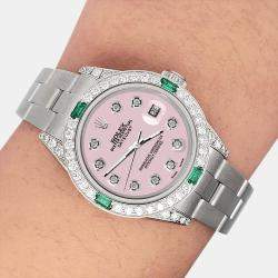 Rolex Custom Ice Pink 1.2ct Diamonds Emeralda Stainless Steel Datejust  Automatic Women's Wristwatch 26mm