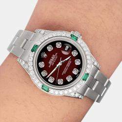 Rolex Custom Maroon Vignette 1.2ct Diamonds Emeralda Stainless Steel Datejust  Automatic Women's Wristwatch 26mm