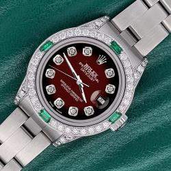 Rolex Custom Maroon Vignette 1.2ct Diamonds Emeralda Stainless Steel Datejust  Automatic Women's Wristwatch 26mm