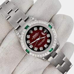 Rolex Custom Maroon Vignette 1.2ct Diamonds Emeralda Stainless Steel Datejust  Automatic Women's Wristwatch 26mm