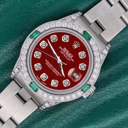 Rolex Custom Imperial Red 1.2ct Diamonds Emeralda Stainless Steel Datejust  Automatic Women's Wristwatch 26mm