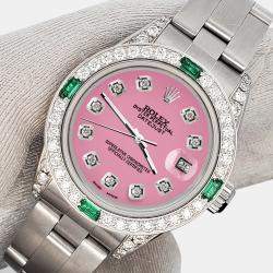 Rolex Custom Hot Pink 1.2ct Diamonds Emeralda Stainless Steel Datejust  Automatic Women's Wristwatch 26mm