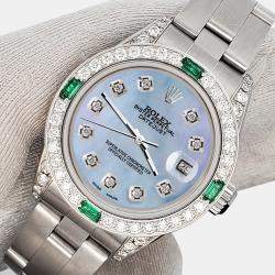 Rolex Custom Sky Blue 1.2ct Diamonds Emeralda Stainless Steel Datejust  Automatic Women's Wristwatch 26mm
