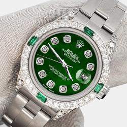 Rolex Custom Green 1.2ct Diamonds Emeralda Stainless Steel Datejust  Automatic Women's Wristwatch 26mm