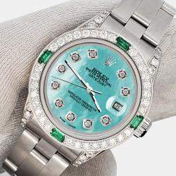 Rolex Custom Aquamarine 1.2ct Diamonds Emeralda Stainless Steel Datejust  Automatic Women's Wristwatch 26mm