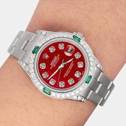 Rolex Custom Red 1.2ct Diamonds Emeralda Stainless Steel Datejust  Automatic Women's Wristwatch 26mm
