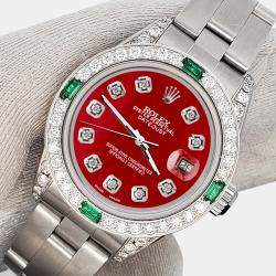 Rolex Custom Red 1.2ct Diamonds Emeralda Stainless Steel Datejust  Automatic Women's Wristwatch 26mm