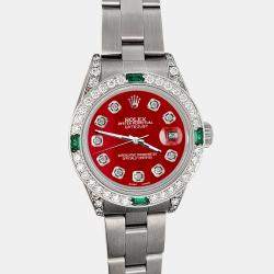 Rolex Custom Red 1.2ct Diamonds Emeralda Stainless Steel Datejust  Automatic Women's Wristwatch 26mm