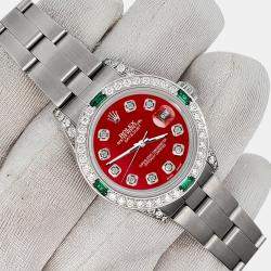 Rolex Custom Red 1.2ct Diamonds Emeralda Stainless Steel Datejust  Automatic Women's Wristwatch 26mm