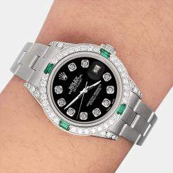 Rolex Custom Black 1.2ct Diamonds Emeralda Stainless Steel Datejust  Automatic Women's Wristwatch 26mm