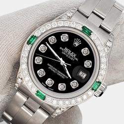 Rolex Custom Black 1.2ct Diamonds Emeralda Stainless Steel Datejust  Automatic Women's Wristwatch 26mm