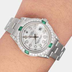 Rolex Custom Silver 1.2ct Diamonds Emeralda Stainless Steel Datejust  Automatic Women's Wristwatch 26mm