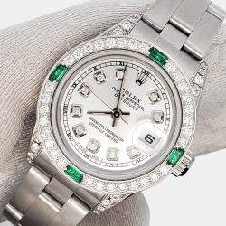 Rolex Custom Silver 1.2ct Diamonds Emeralda Stainless Steel Datejust  Automatic Women's Wristwatch 26mm
