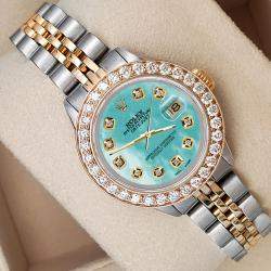 Rolex Custom Aquamarine 1.3ct Diamonds 18K Yellow Gold Stainless Steel Datejust  Automatic Women's Wristwatch 26mm