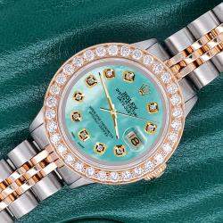Rolex Custom Aquamarine 1.3ct Diamonds 18K Yellow Gold Stainless Steel Datejust  Automatic Women's Wristwatch 26mm