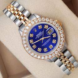 Rolex Custom Navy Blue  1.3ct Diamonds 18K Yellow Gold Stainless Steel Datejust  Automatic Women's Wristwatch 26mm